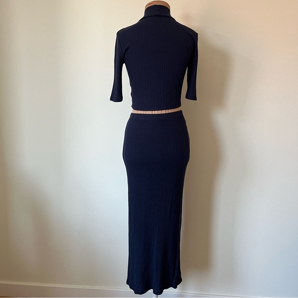 Reformation Navy Blue Ribbed Knit Leia Turtleneck Top Midi Skirt Set EUC Small - Picture 3 of 12